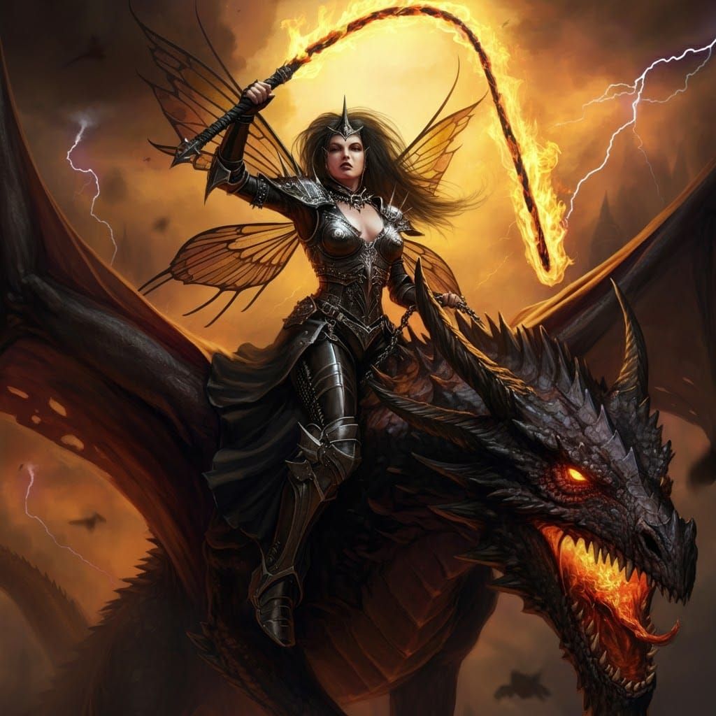 Heavy Metal Fairy on Gothic Dragon in a Dark Storm