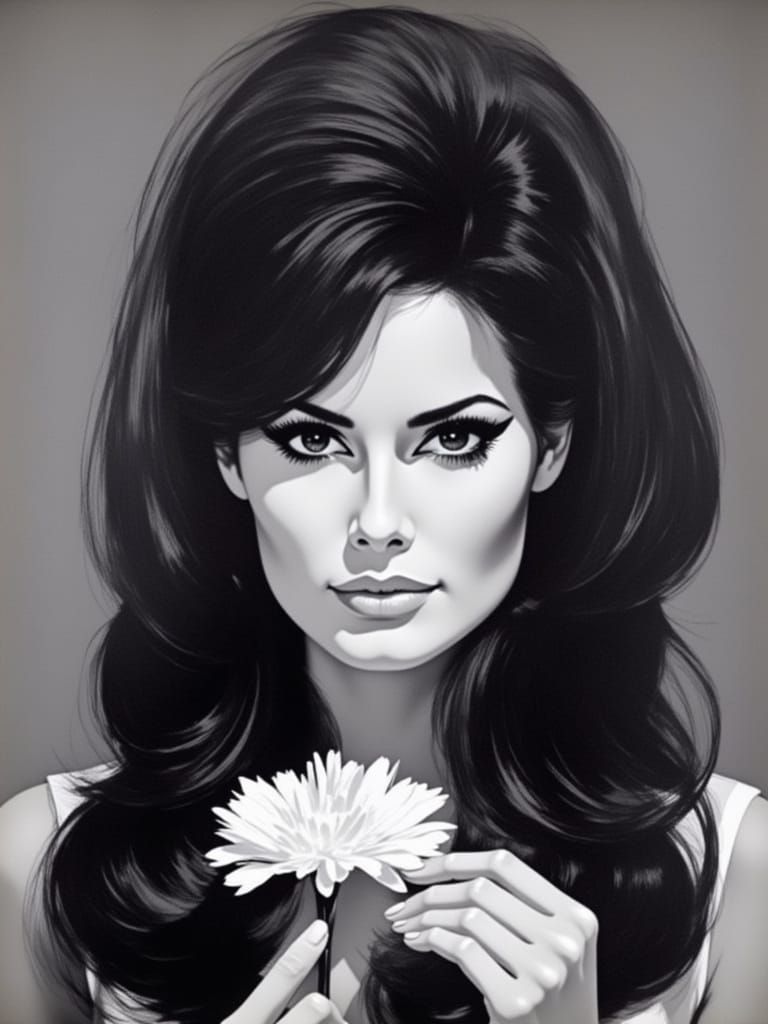 1960s Comic Style Portrait of Raquel Welch Holding Flower