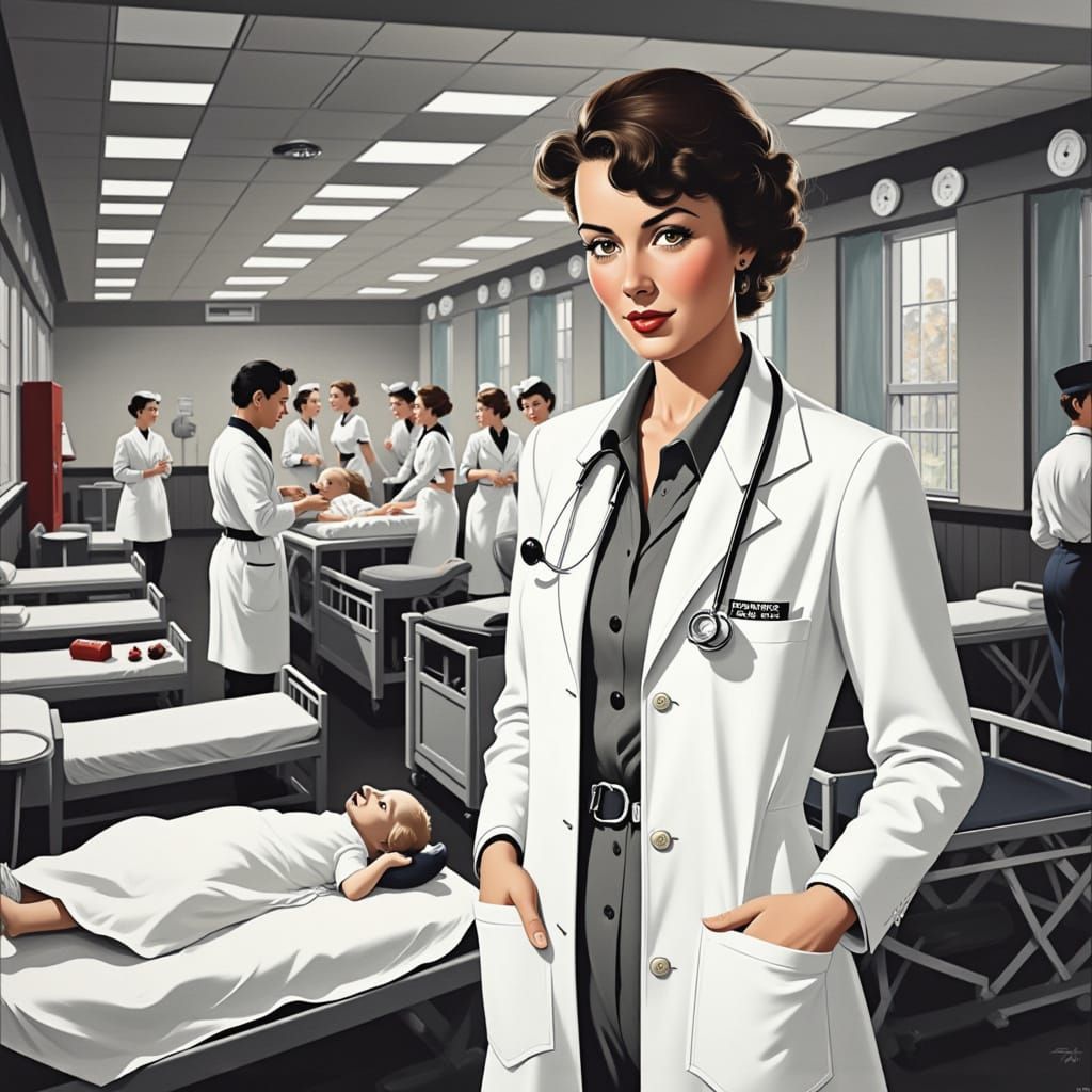 Classically Styled Female Doctor in WWII Hospital