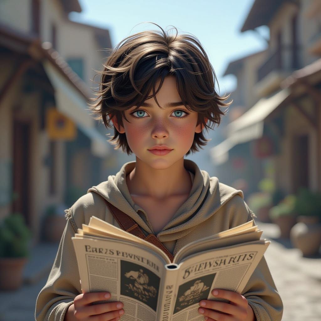 Newspaper Boy Portrait in Dark Fantasy Style