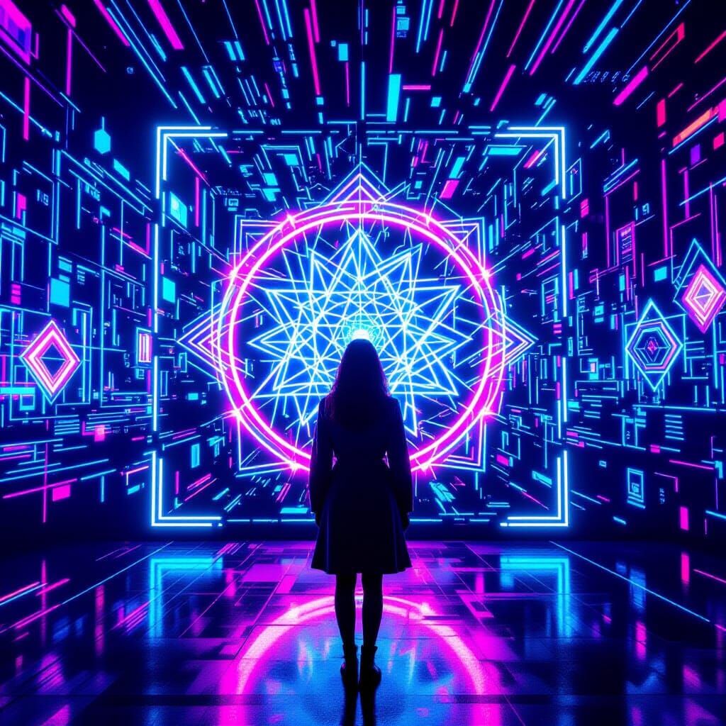 Woman and Futuristic Display with Neon Art