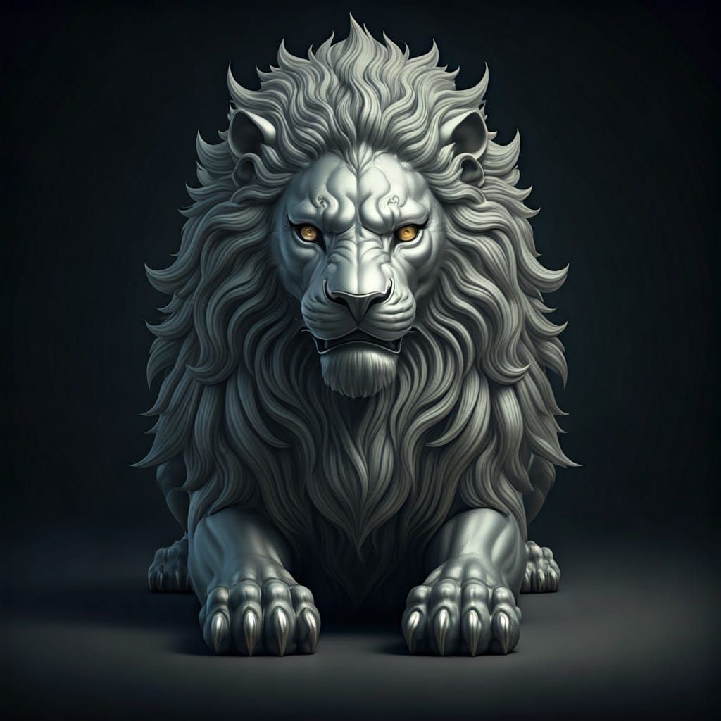 Silver Lion Statue in 3D Anime Art