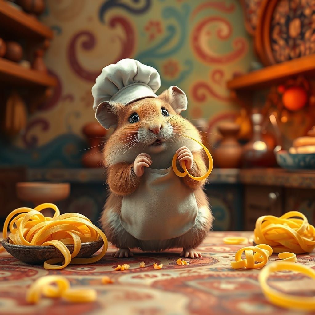 Whimsical Hamster Chef Crafts Delicate Pasta in Italian Kitc...