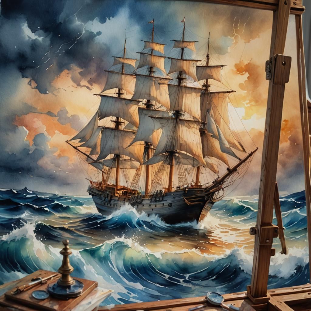 Tall Ship in Storm on Watercolour Canvas