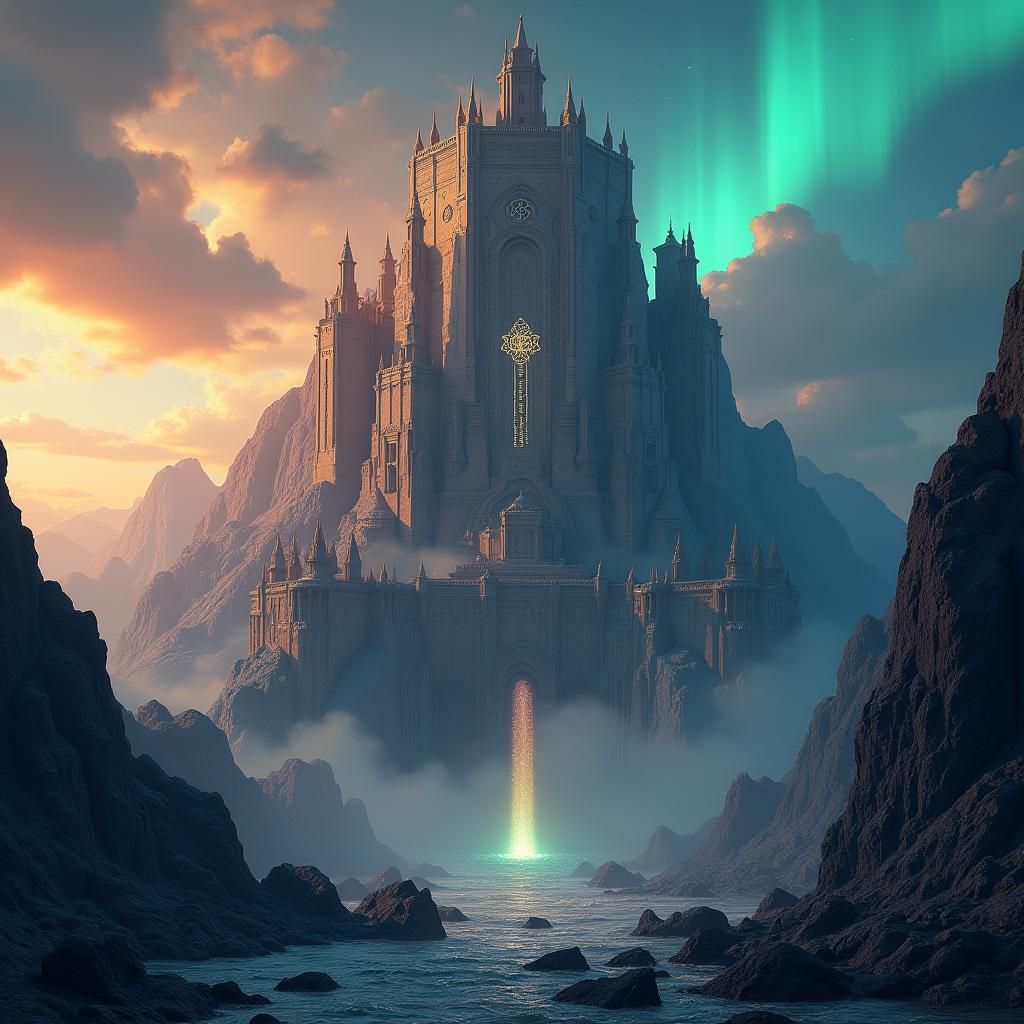 Majestic Limestone Fortress in Aurora-Lit Fantasy Realm