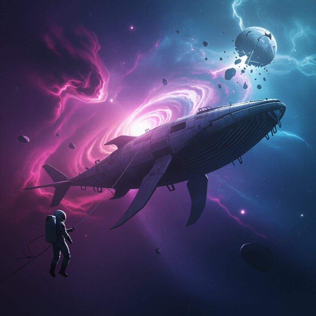 Astronaut Adrift Near Skeletal Whale Ship in Cosmic Horror S...