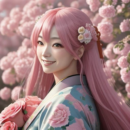 Anime Girl Surrounded by Intricately Detailed Roses in Tradi...