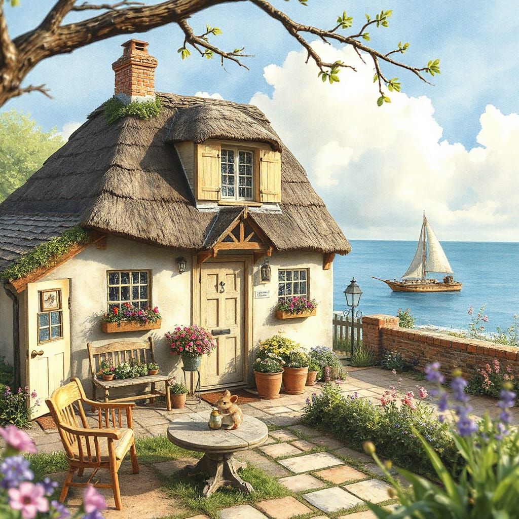 Idyllic Seaside Cottage in Watercolor Style