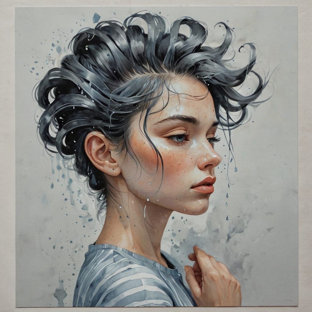 Pensive Woman with Gray Hair in Watercolor Style