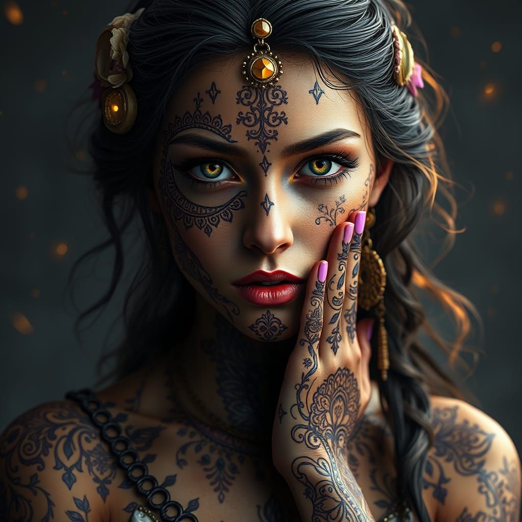 Woman of Duality in Dark Fantasy Landscape