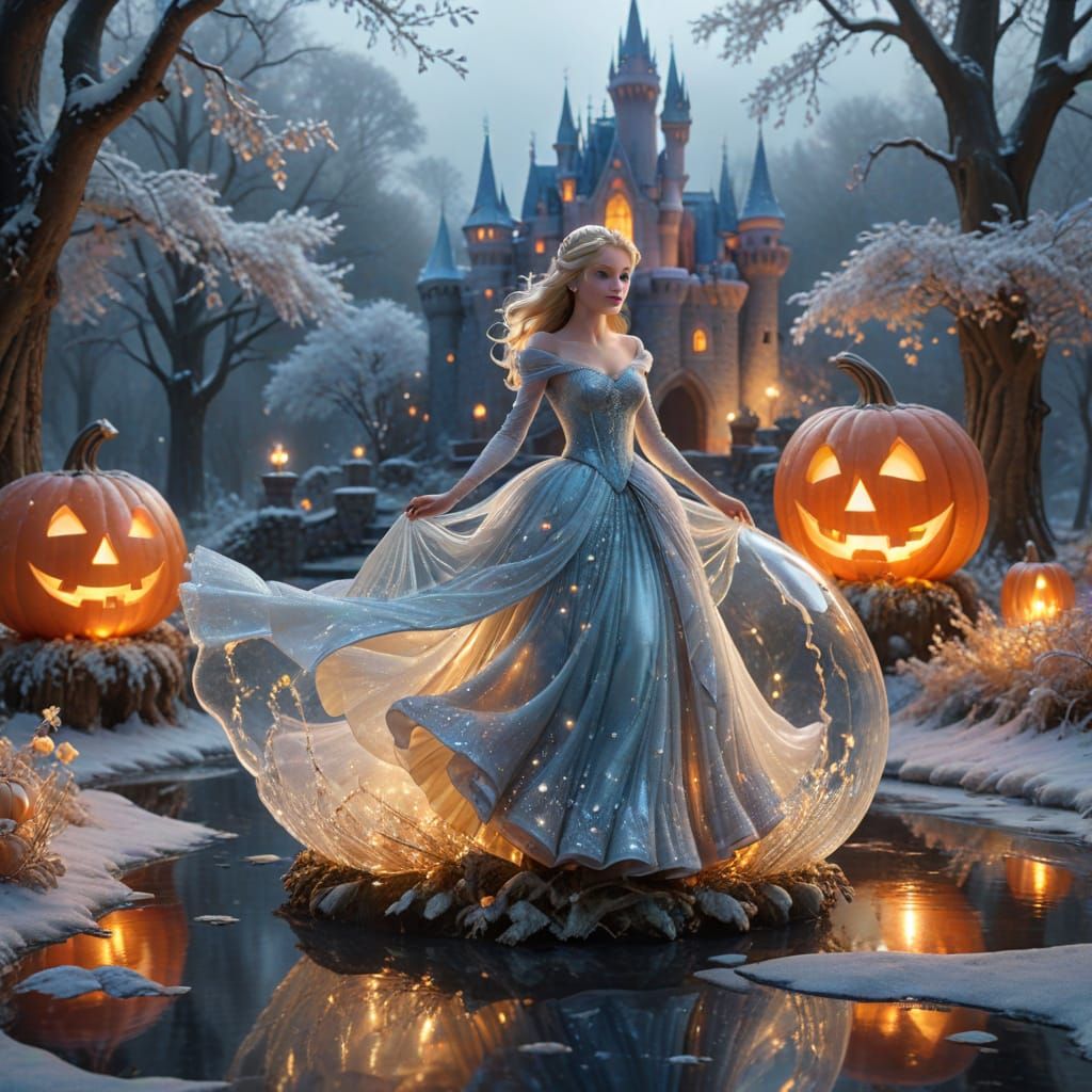 Frosted Castle with Icy Waterfalls and Glowing Slipper