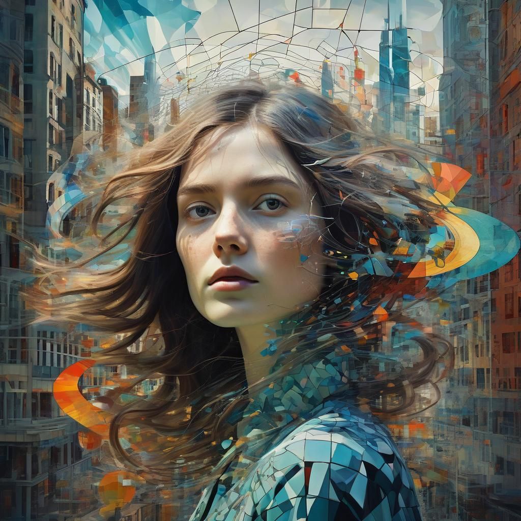 Surreal Woman Portrait in Kaleidoscopic Cityscape