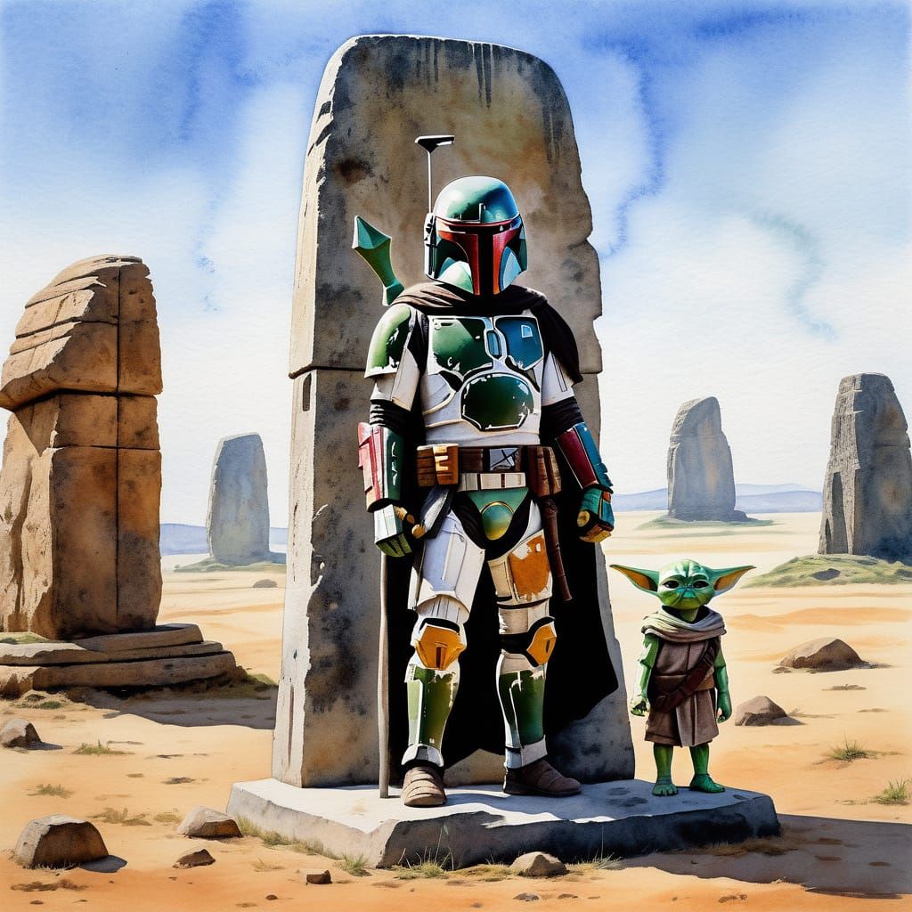 Boba Fett and Yoda Watercolor at Ancient Monument