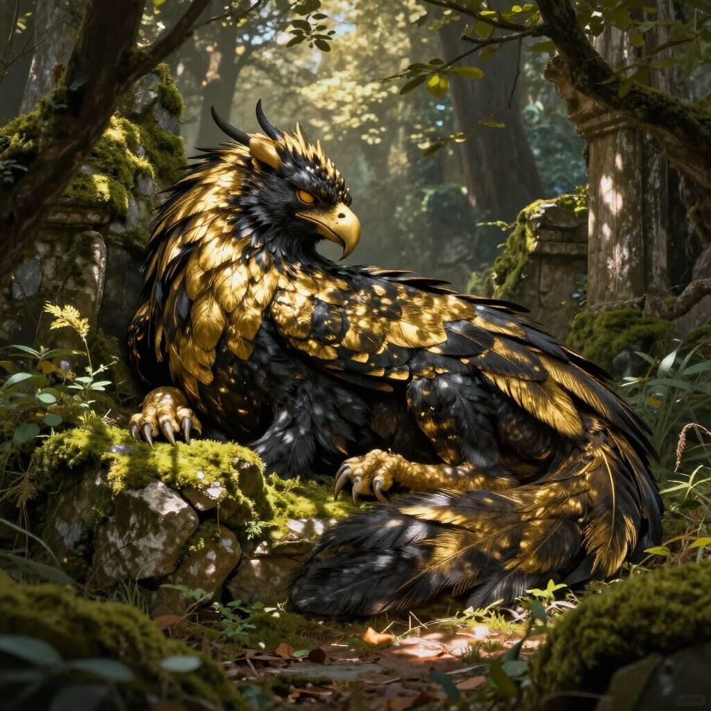 Majestic Griffin Sleeps on Ancient Ruins in Golden Light