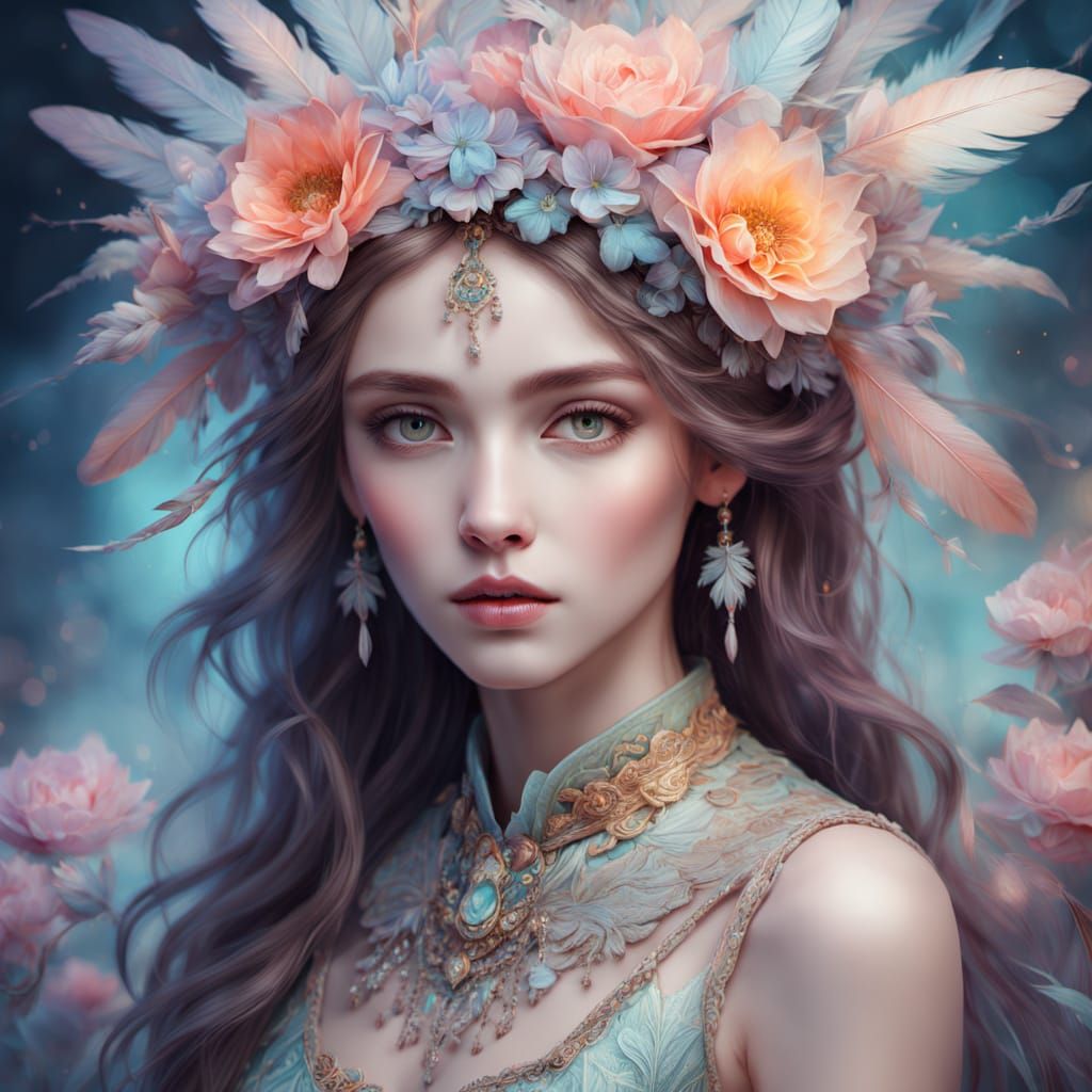 Ethereal Woman in Floral Headdress and Feather Outfit