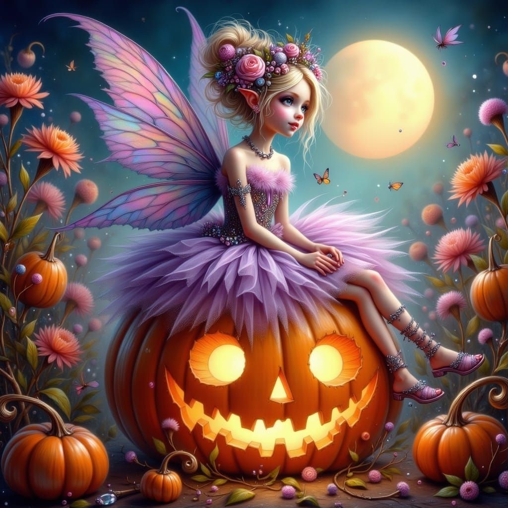 Fairy Girl on Pumpkin in Fairy Punk Style