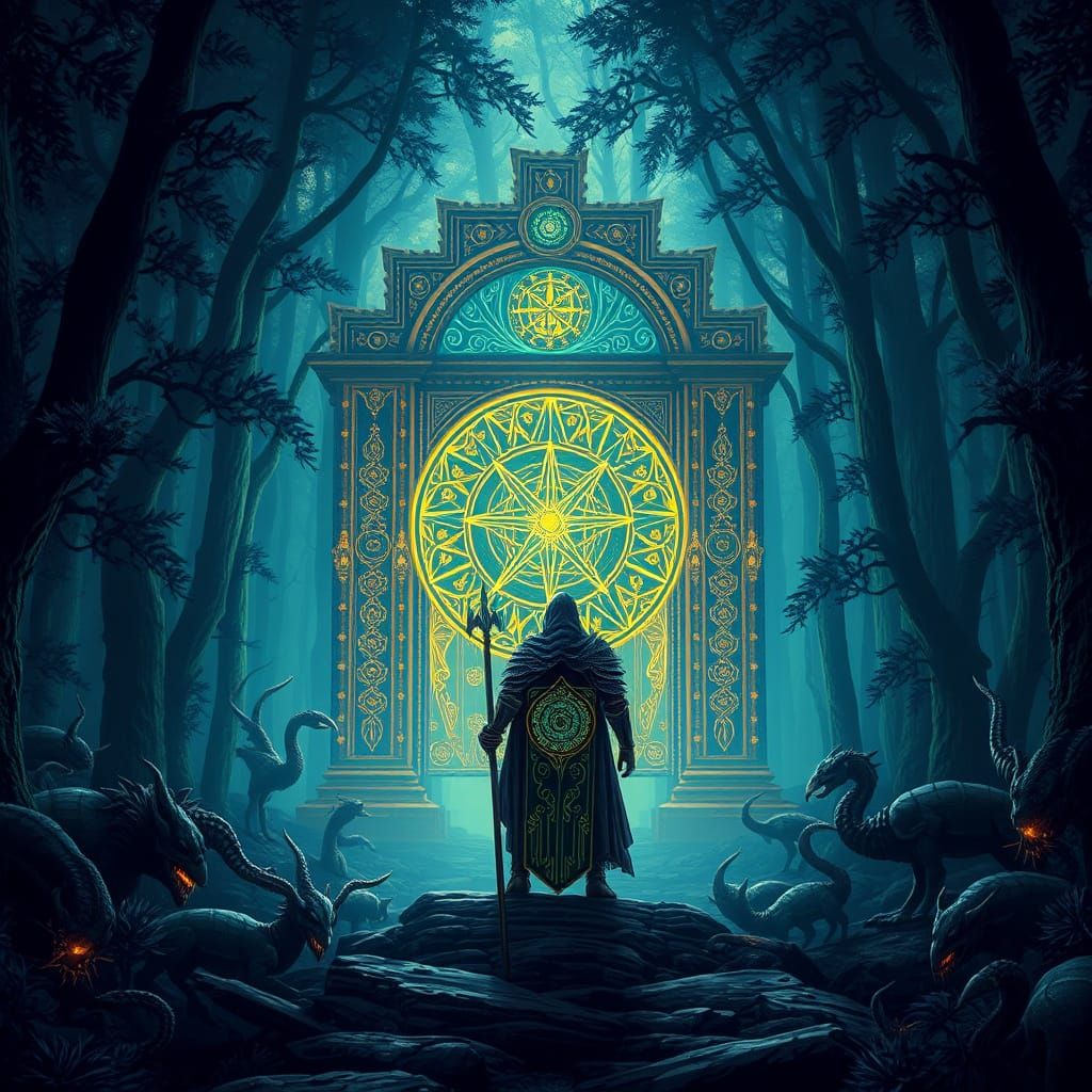 Knight at Bioluminescent Gate: Surreal Fantasy Art