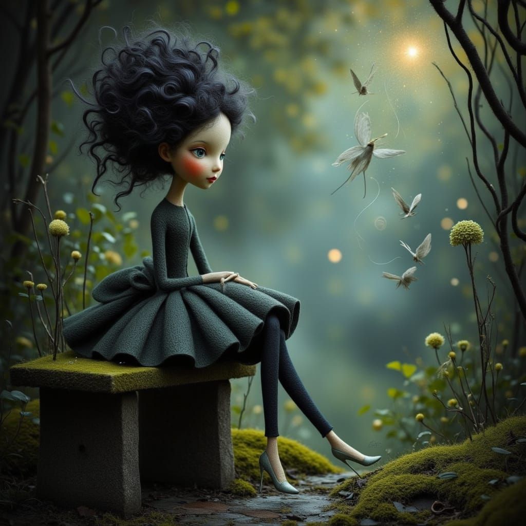 Antique Porcelain Doll in Overgrown Garden Oil Painting