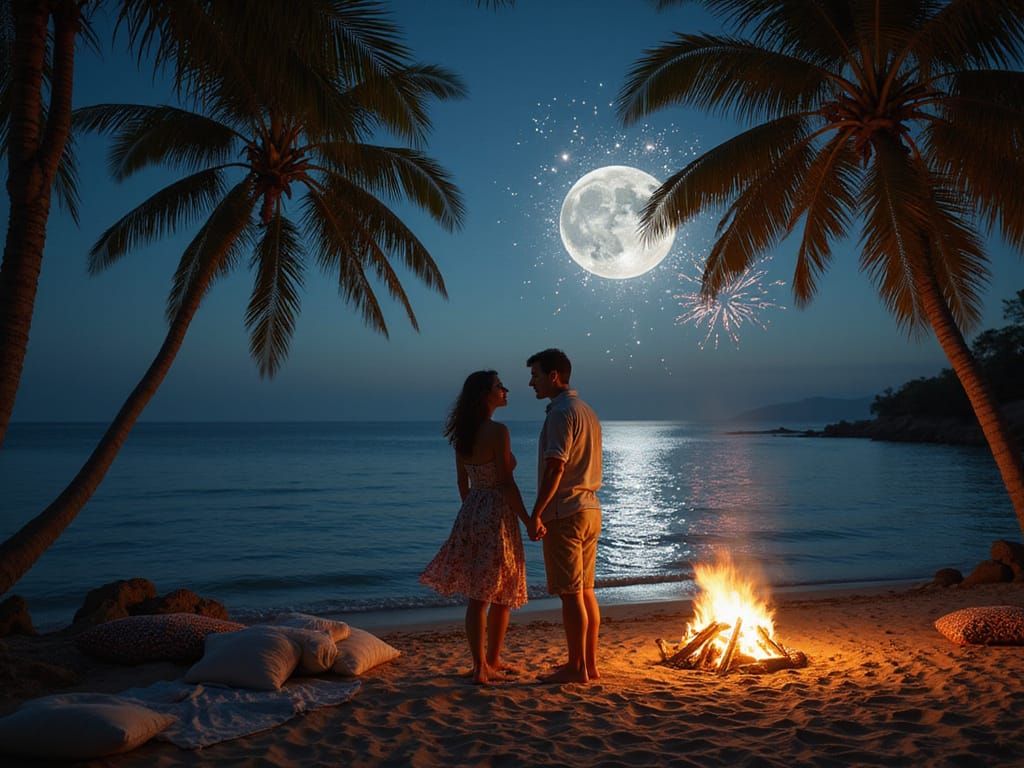 Romantic Beach Bonfire Under Fireworks and Moonlight