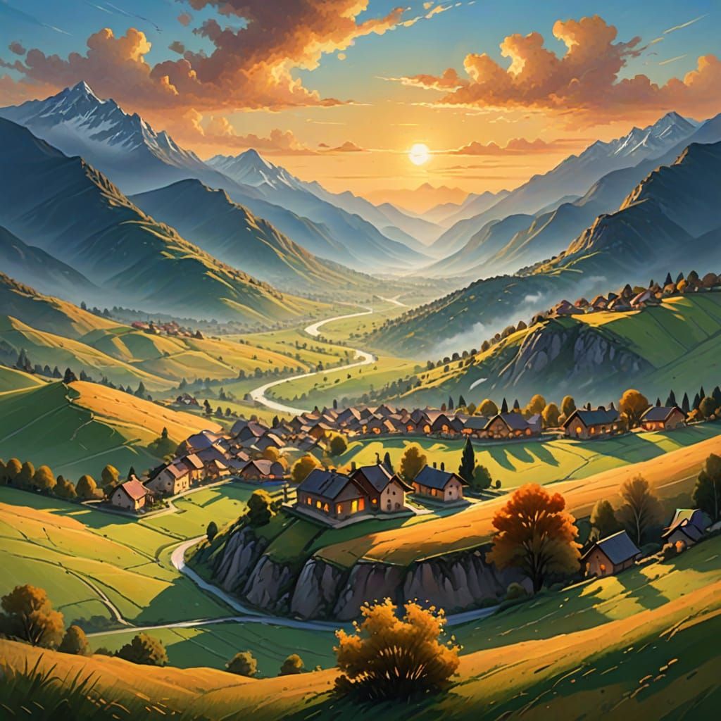 Majestic Mountain Valley in Vibrant Oil Painting Style