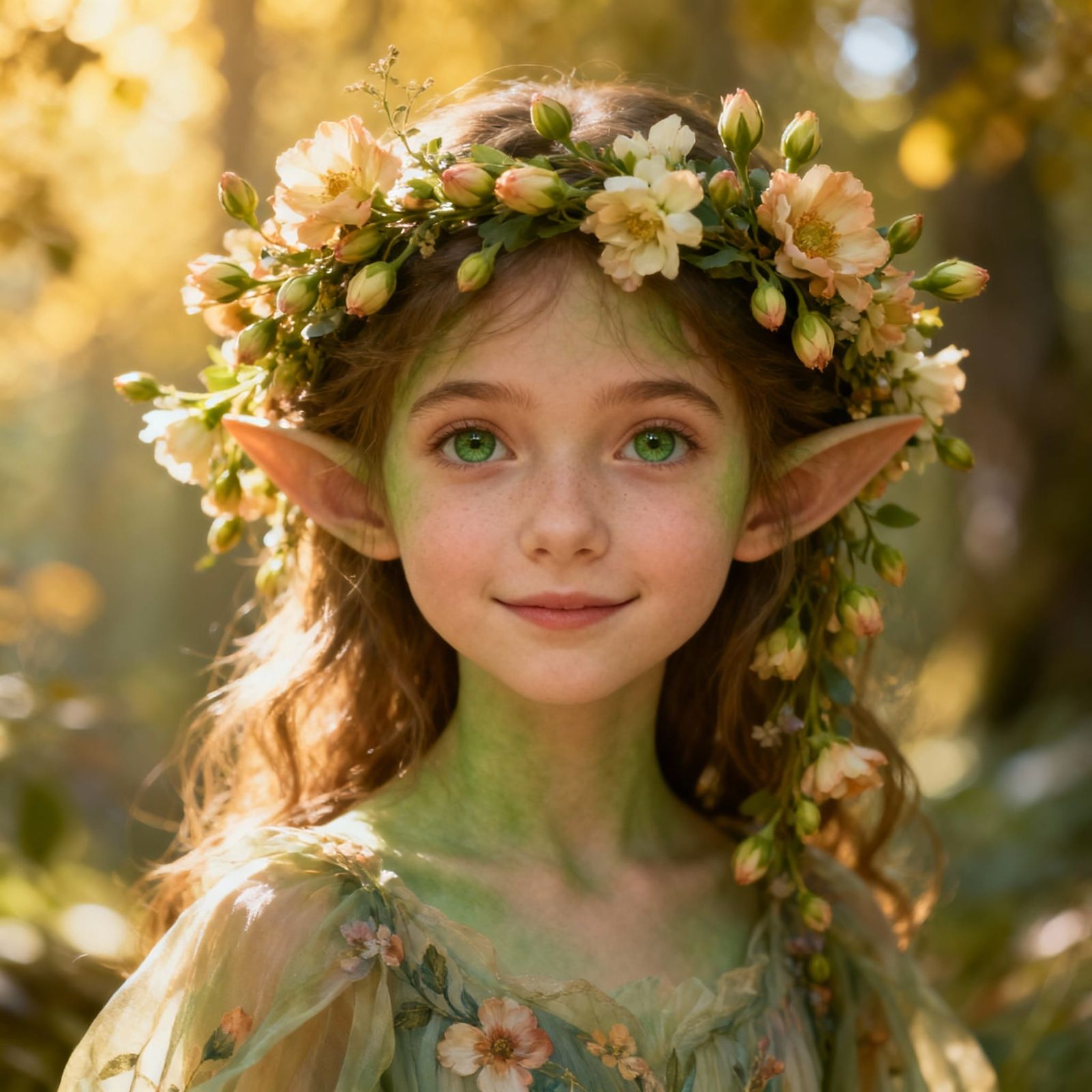 Portrait of a young elven girl with flowers in her hair
