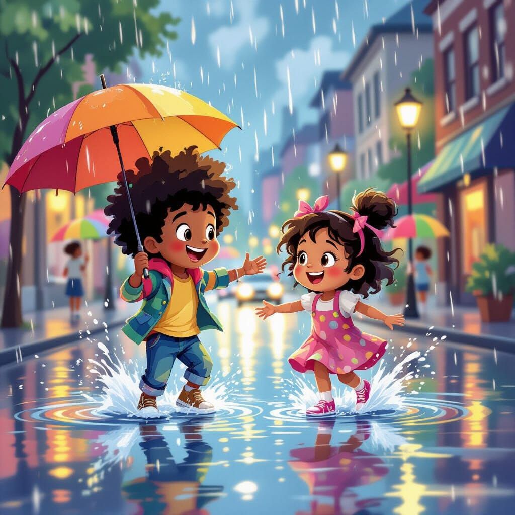 Children Joyfully Splash in City Puddle During Rainstorm