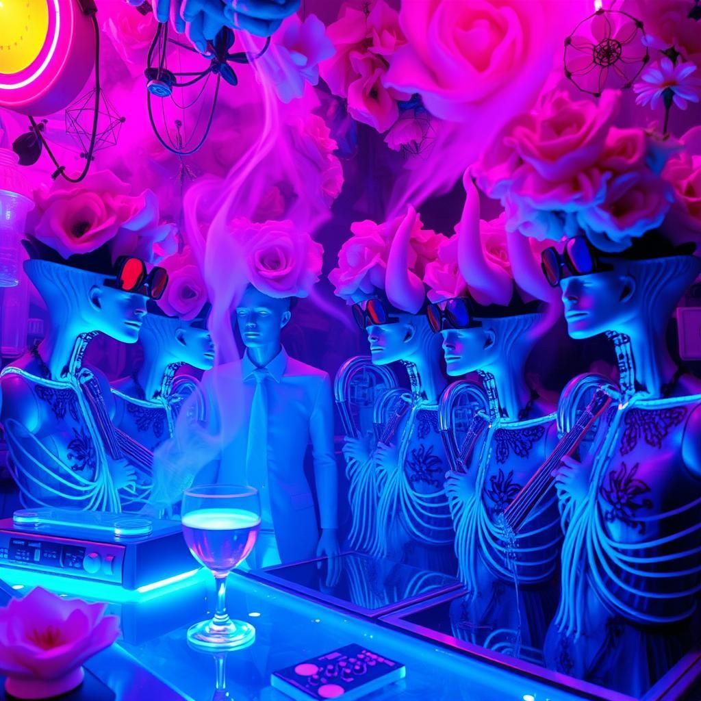 Surreal Neon Bar with Mannequin Flower Eaters