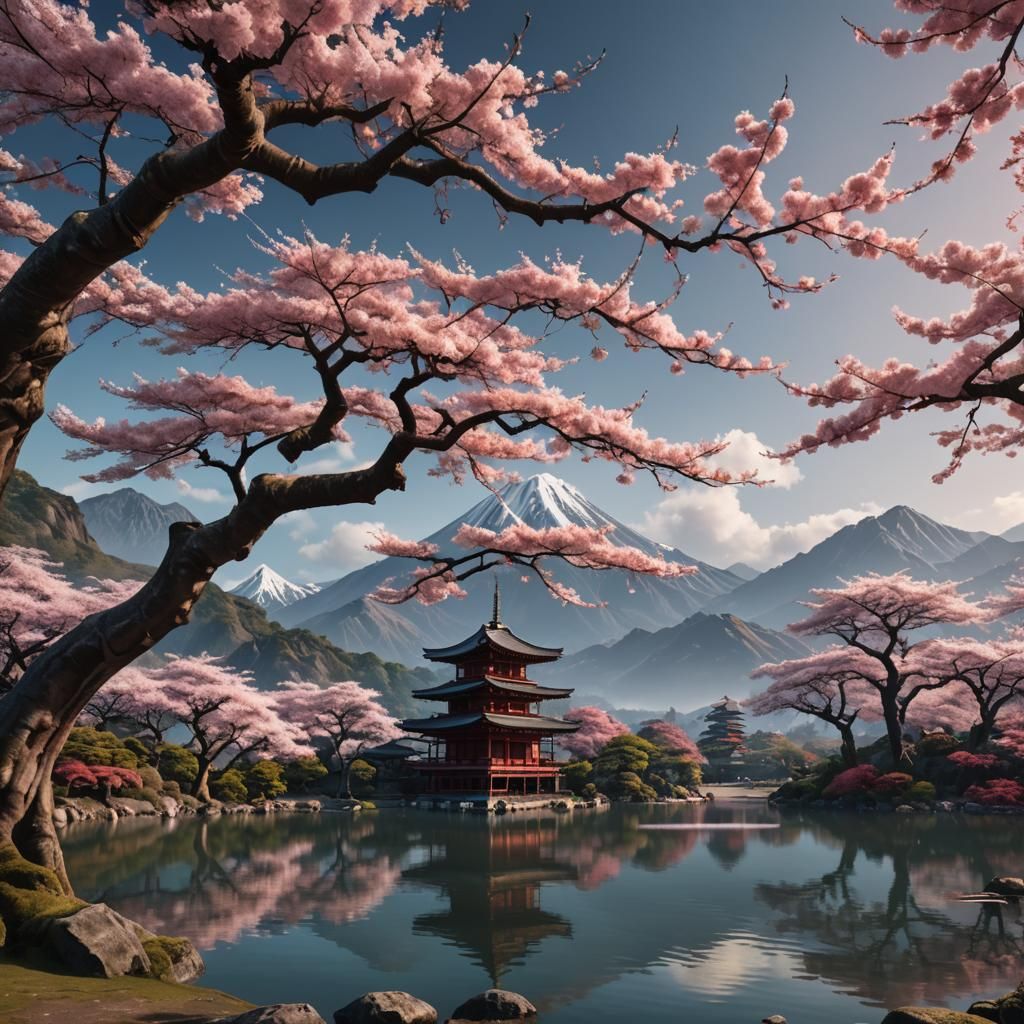 Sakura Tree by Lake: Fantastical Matte Painting