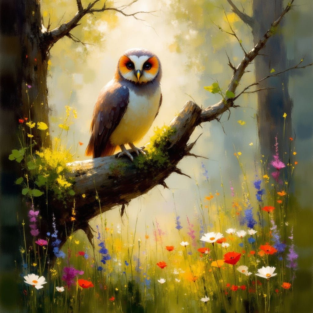 Wise Owl on Mossy Branch in Impressionistic Forest