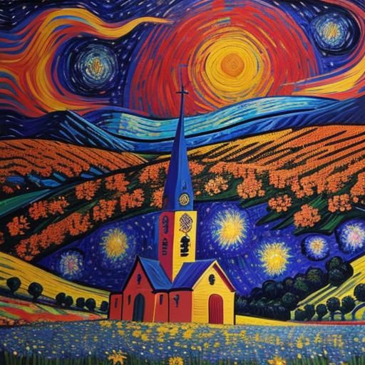 Church in Starry Field: Abstract Painting in Van Gogh Style