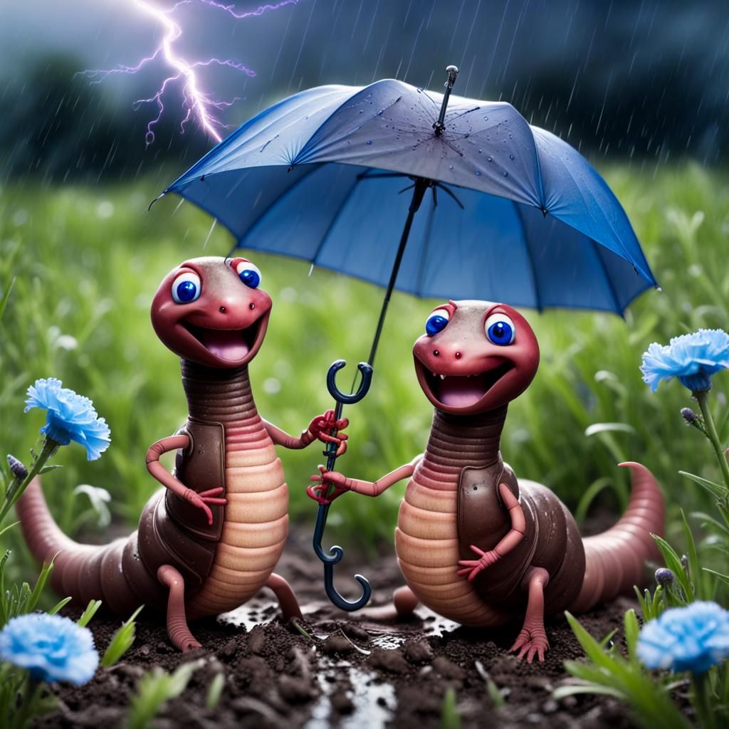 Earthworms with Flower and Umbrella on Meadow
