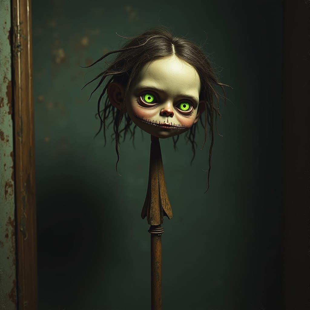 Shrunken Head on Spear in Dark Attic