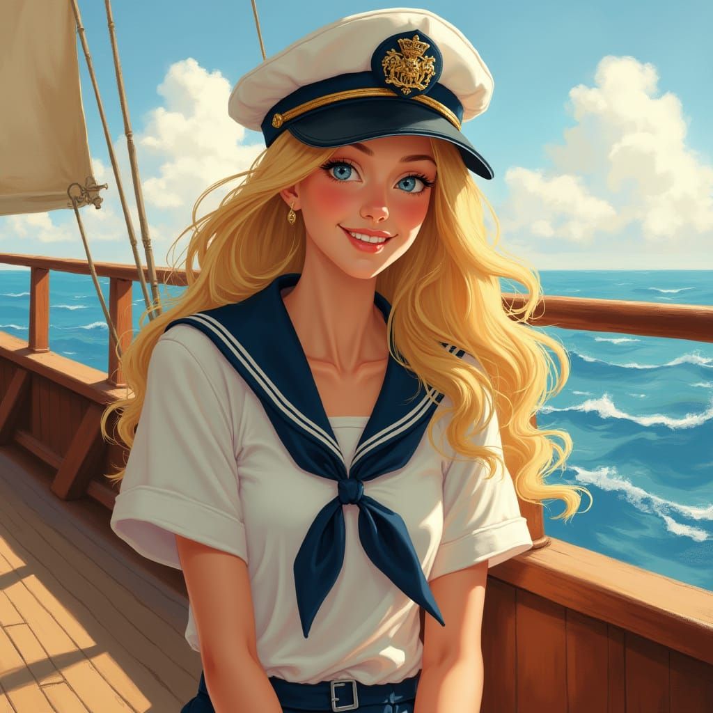 Carefree Blond Woman Sailor on Deck in Impressionist Style