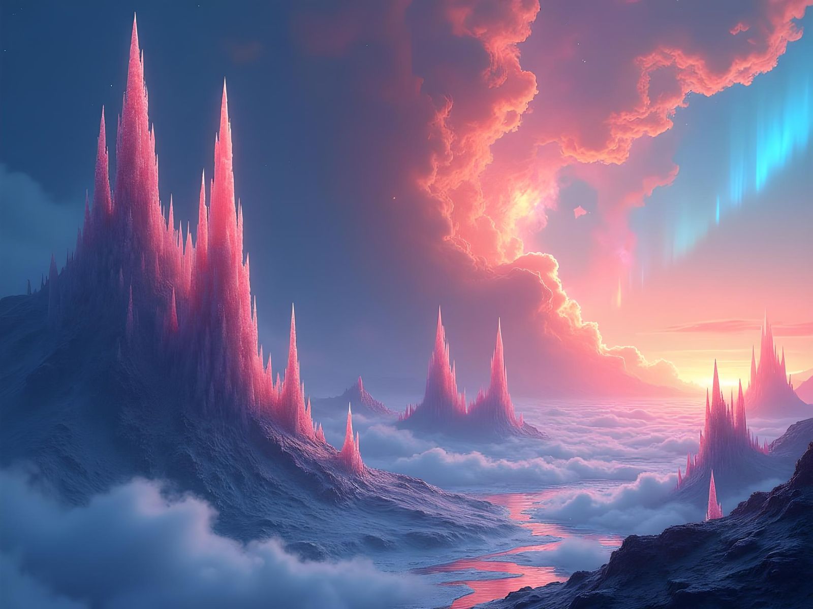 Ethereal Landscape with Crystal Formations and Glowing Skies