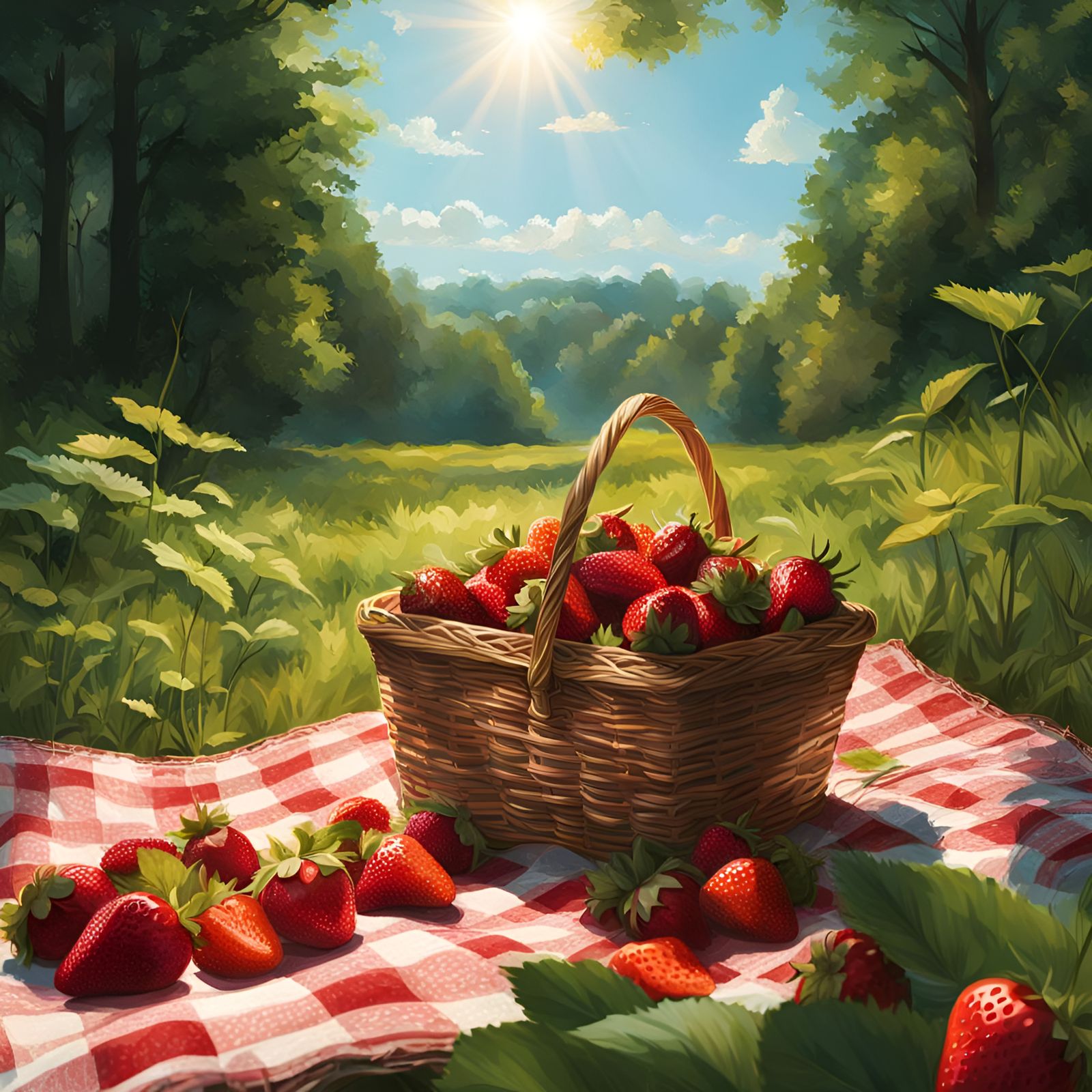 Picnic with Strawberries in Sunlight, Digital Painting