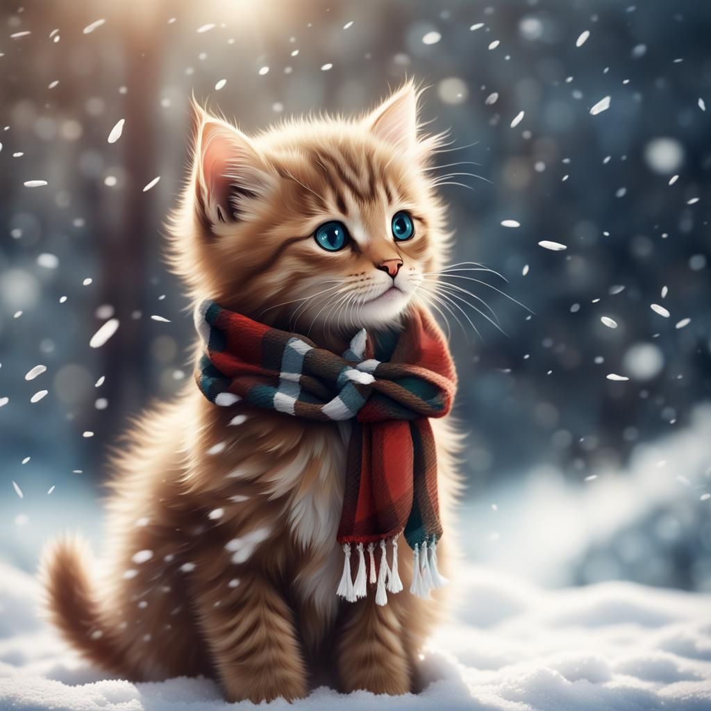 Fluffy Kitten in Snow: Detailed Matte Painting