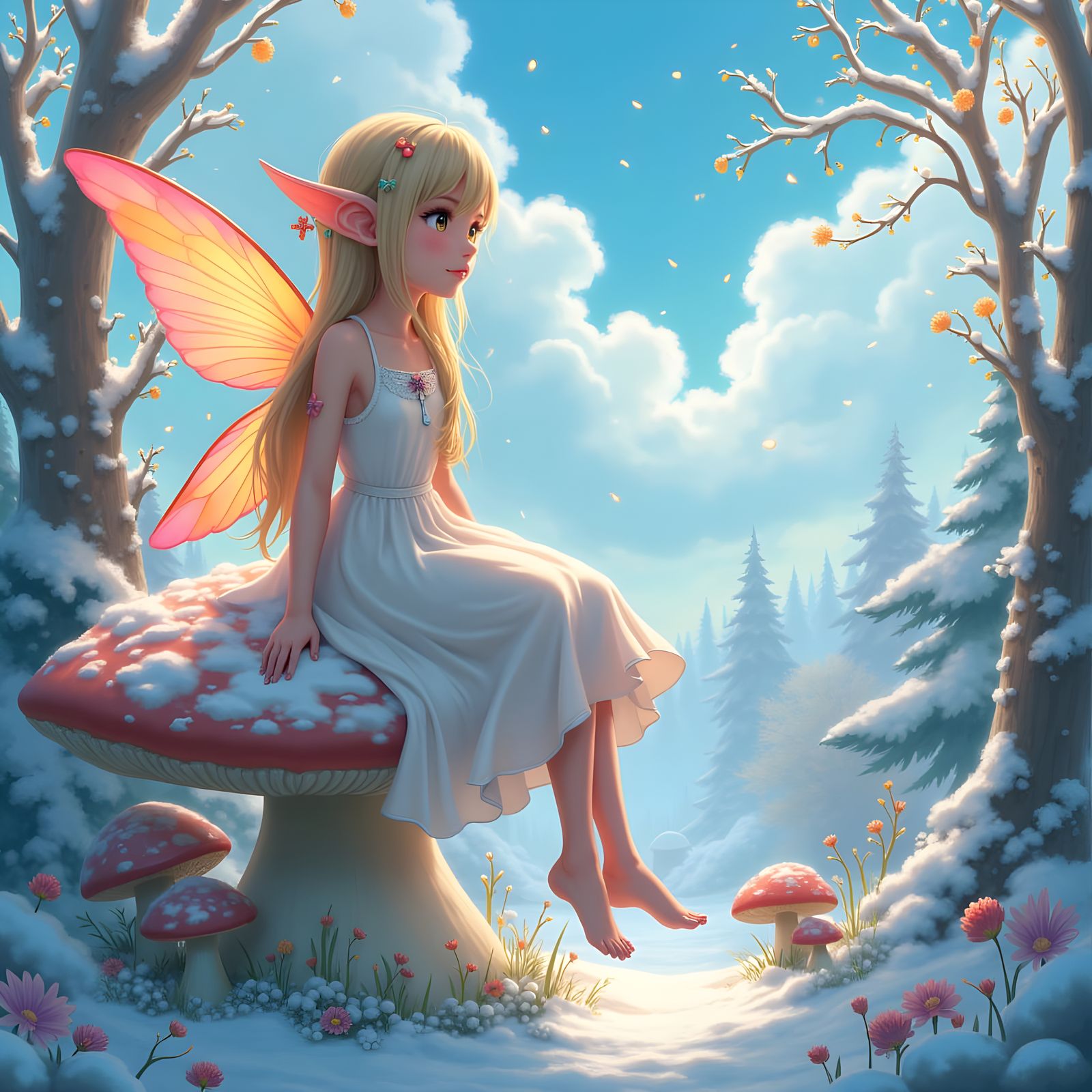 Anime Elf on Mushroom Gazing at Winter Wonderland