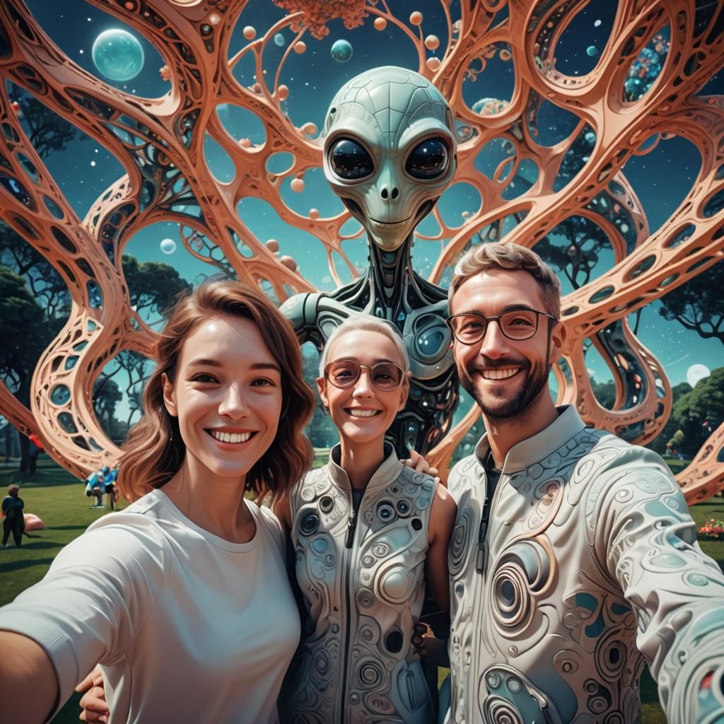 Happy Humanoid Couple Selfie with Cute Alien