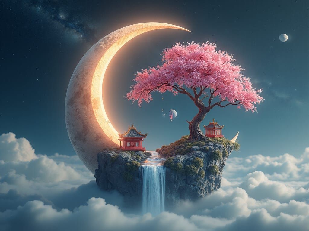 Glowing Crescent Moon Holding Miniature Chinese Village