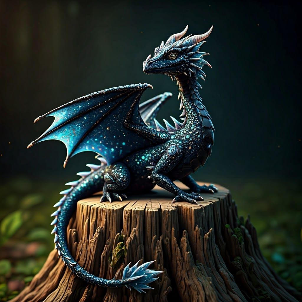 Bioluminescent Crystal Dragon Sculpture on Gnarled Tree