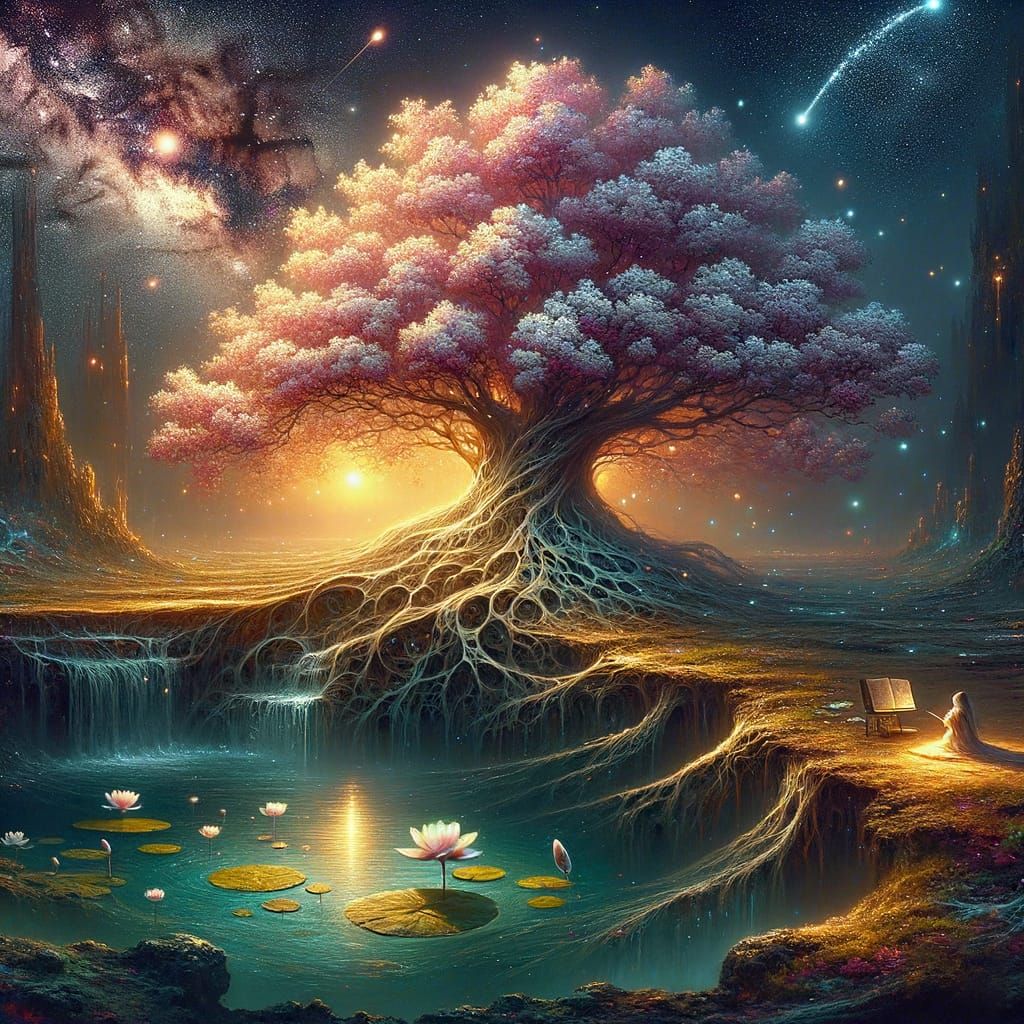 Magnolia Tree by a Pond on a Cosmic Night