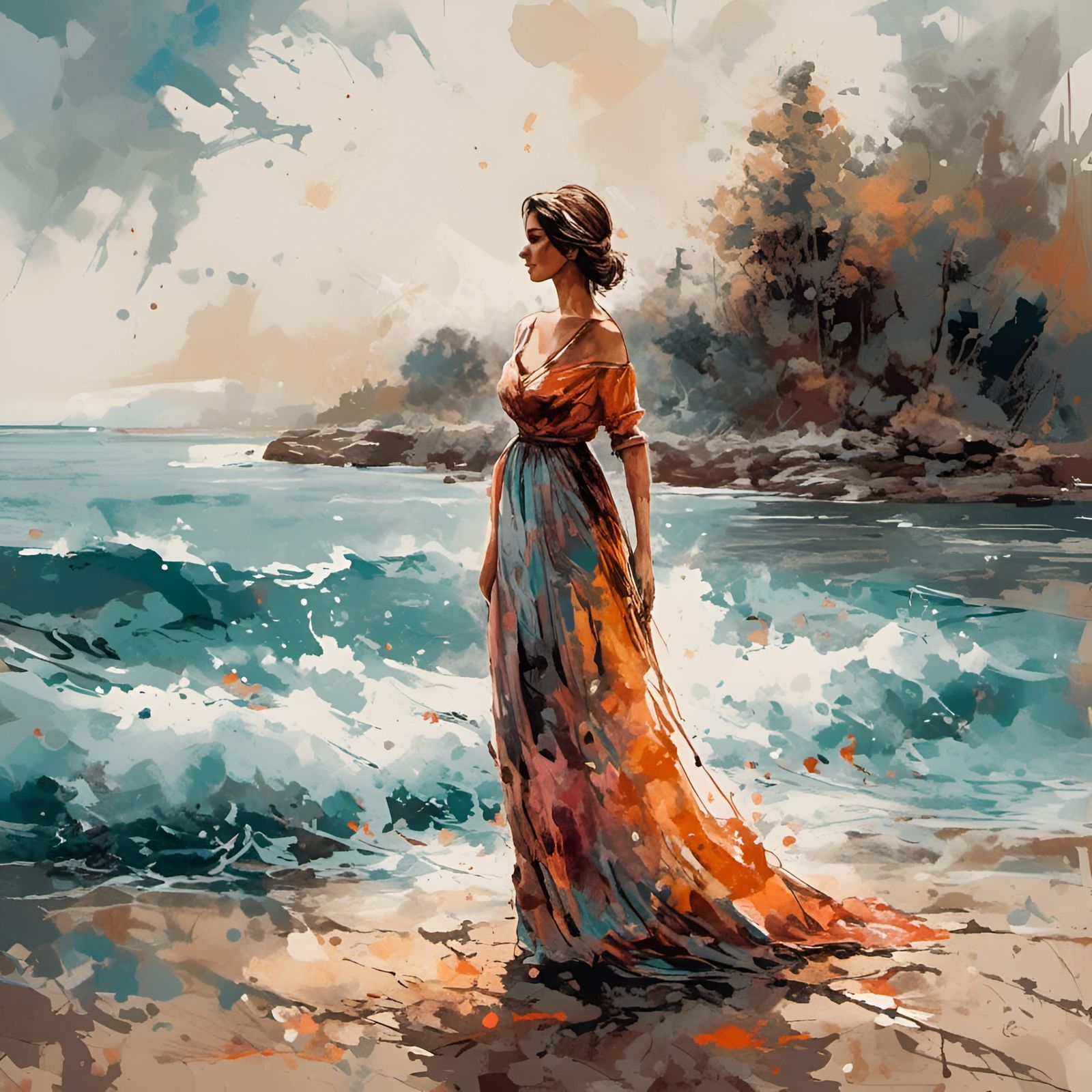 A woman stands on the shore in a long beautiful dress