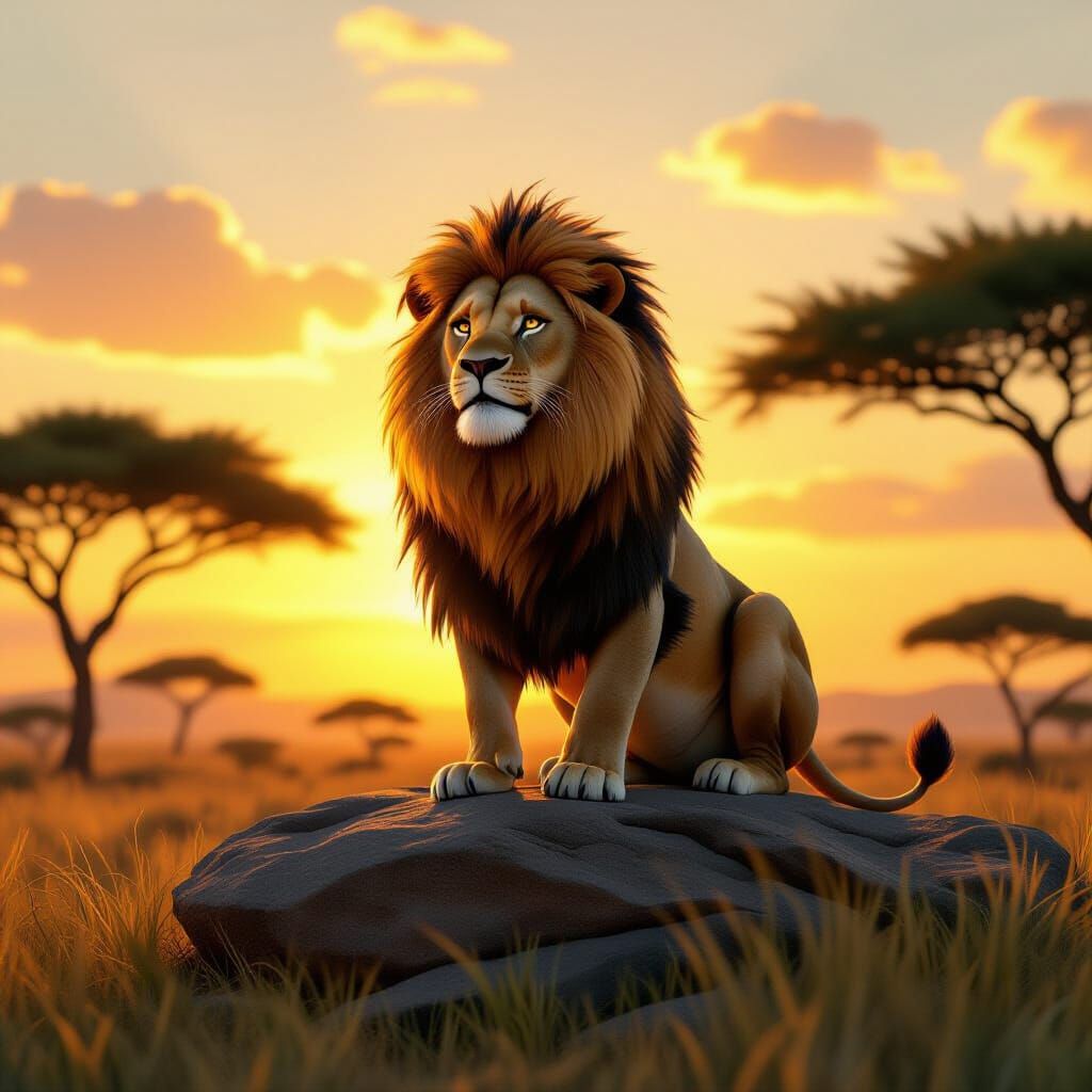 Majestic Lion in African Sunset: 3D Rendered Concept Art