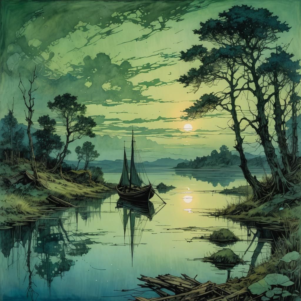 Entangled Sunset Over Lake, Fantasy Illustration