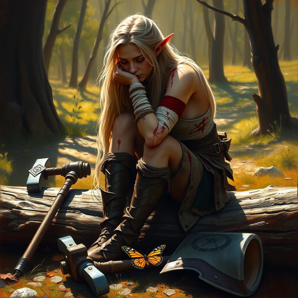 A Weary Female Elf Warrior in Contemplative Pose