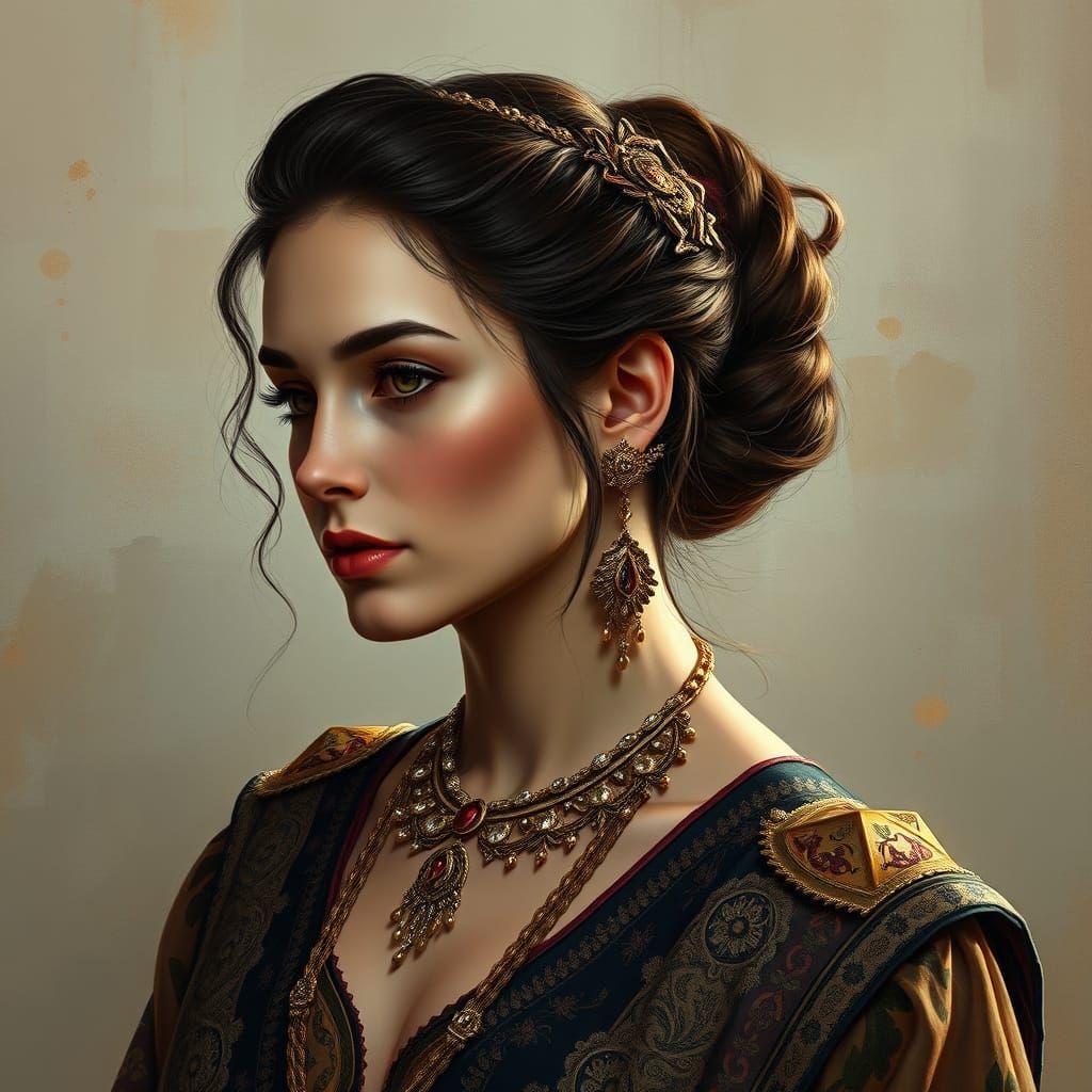 a beautiful artwork of a woman utilizes impasto brushwork for texture, rich earthy tones layered with glazing to create ...