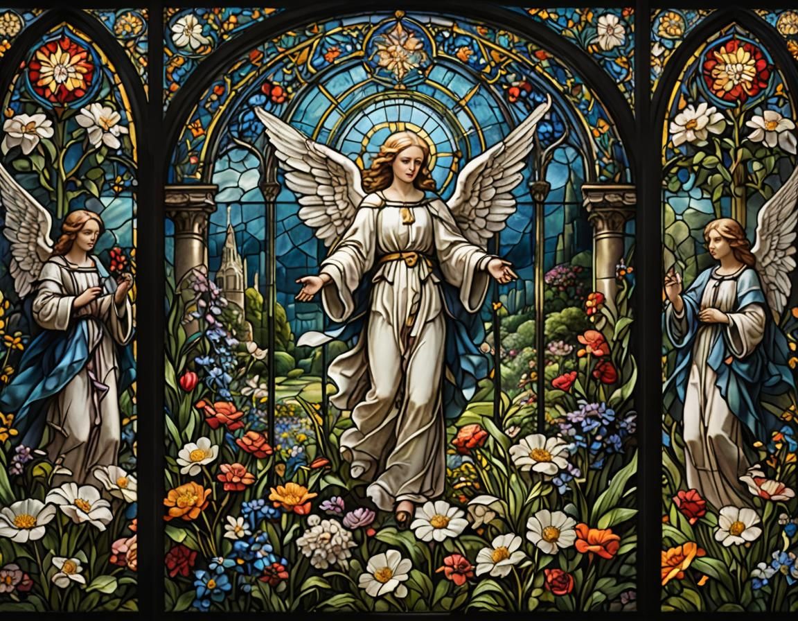 Stained Glass Triptych: Garden with Angels
