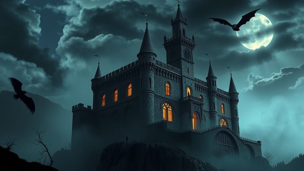 Haunted Castle in Mist: Dark Fantasy Illustration