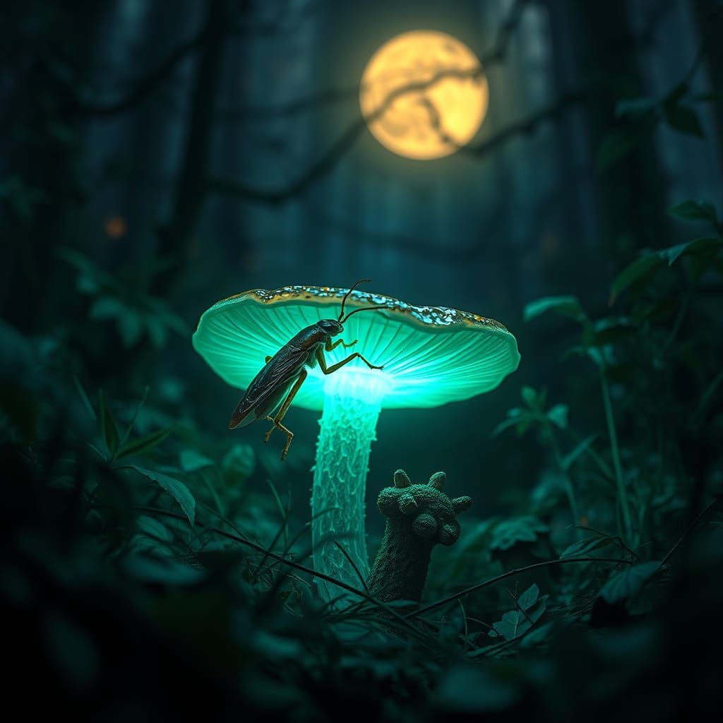 Cockroach on Iridescent Mushroom in Fantasy Forest