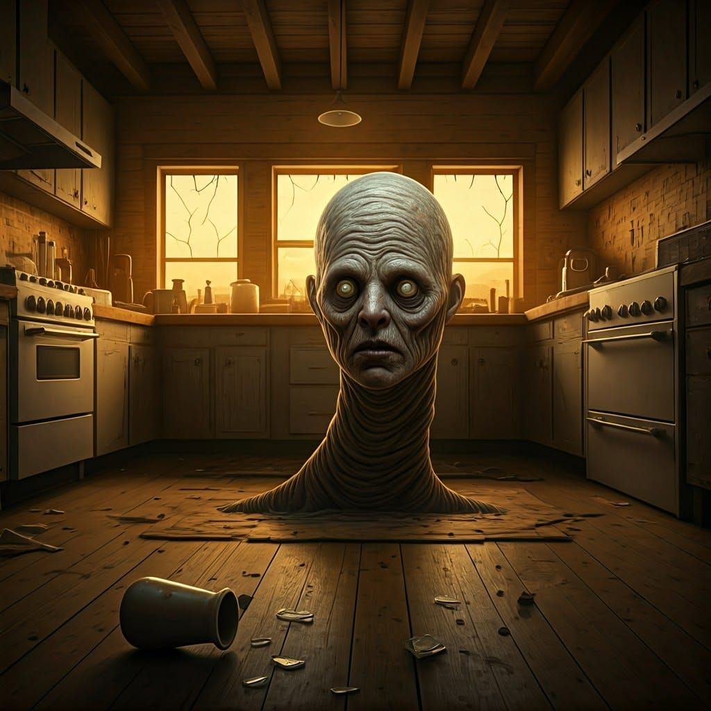 Nightmarish Creature in Desert Kitchen, Dark Surrealism